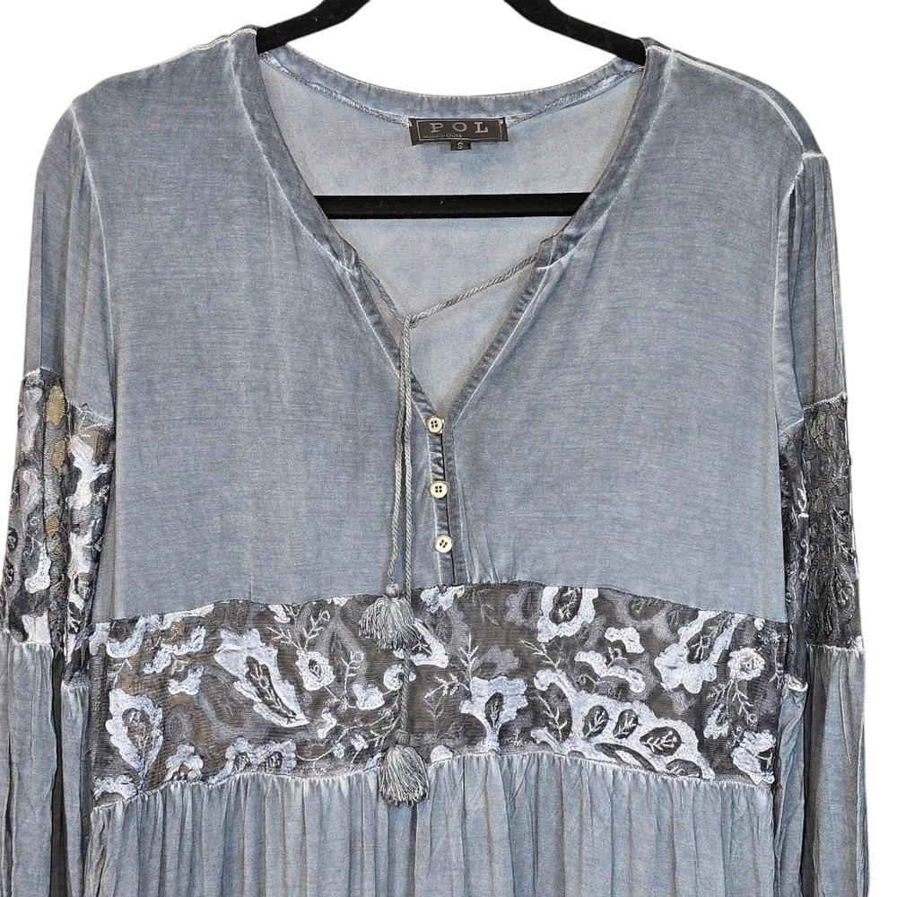 POL Boho Flowy Peasant Style Sheer Lace Panel Maxi Dress Blue-Gray Size Small - Picture 3 of 14
